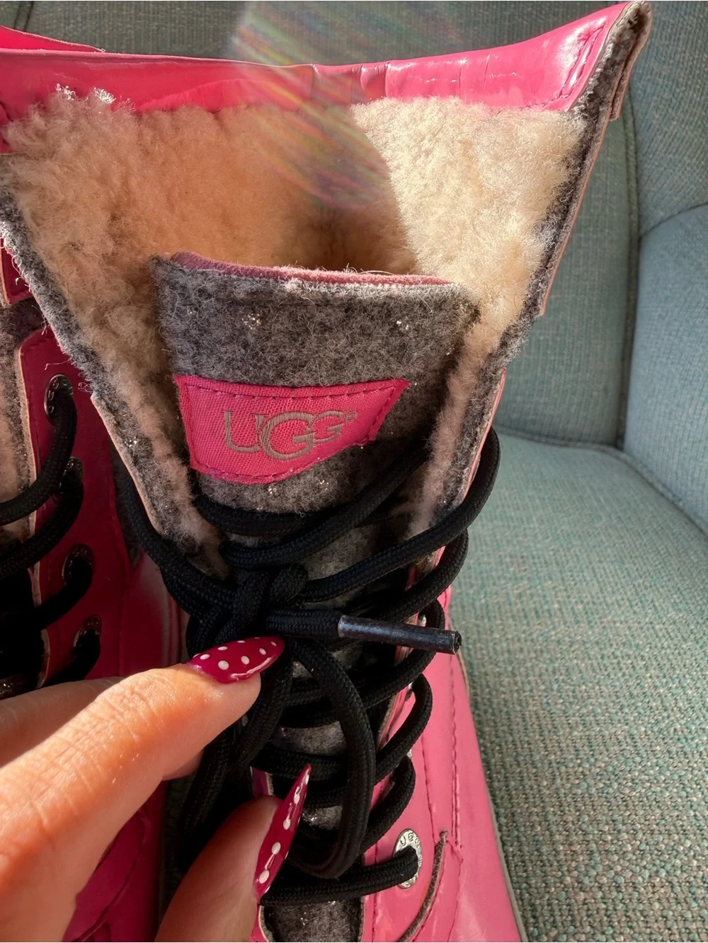 UGG Youth Pink Lace-Up Waterproof Winter Boots with Shearling Trim